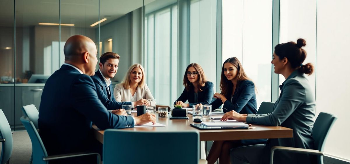 Institutional finance team collaborating in a modern workspace