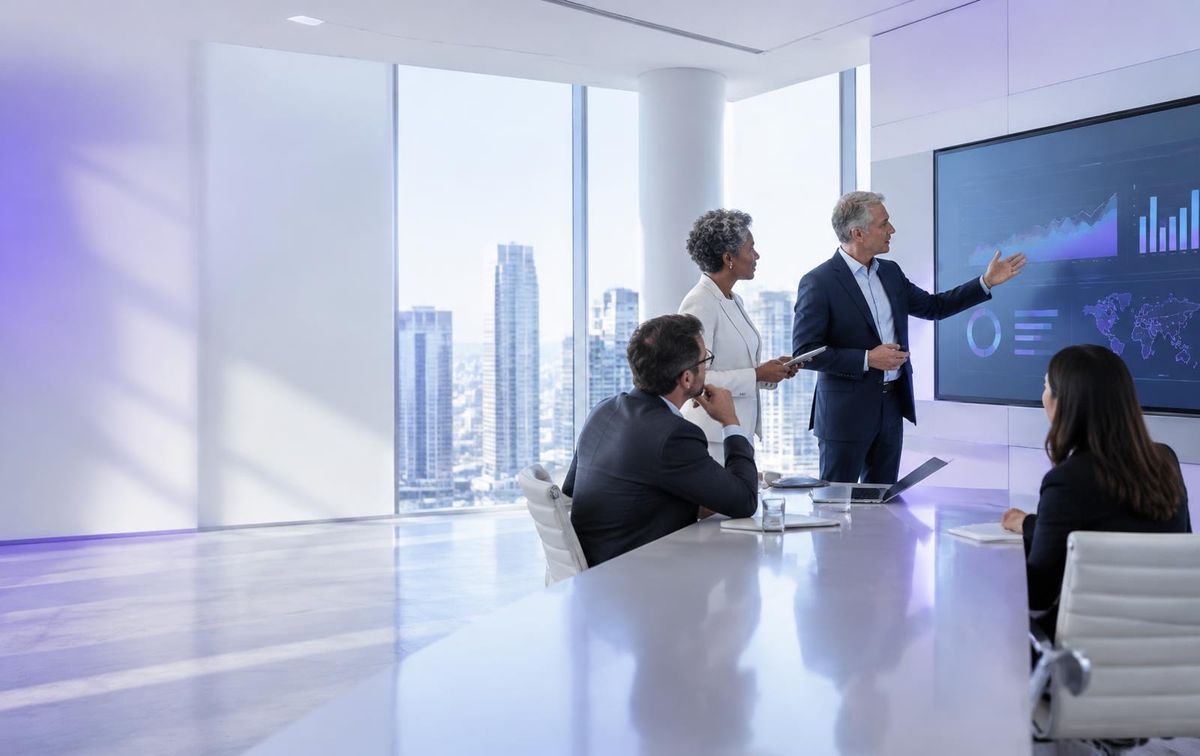 Finance leaders reviewing reporting in a boardroom